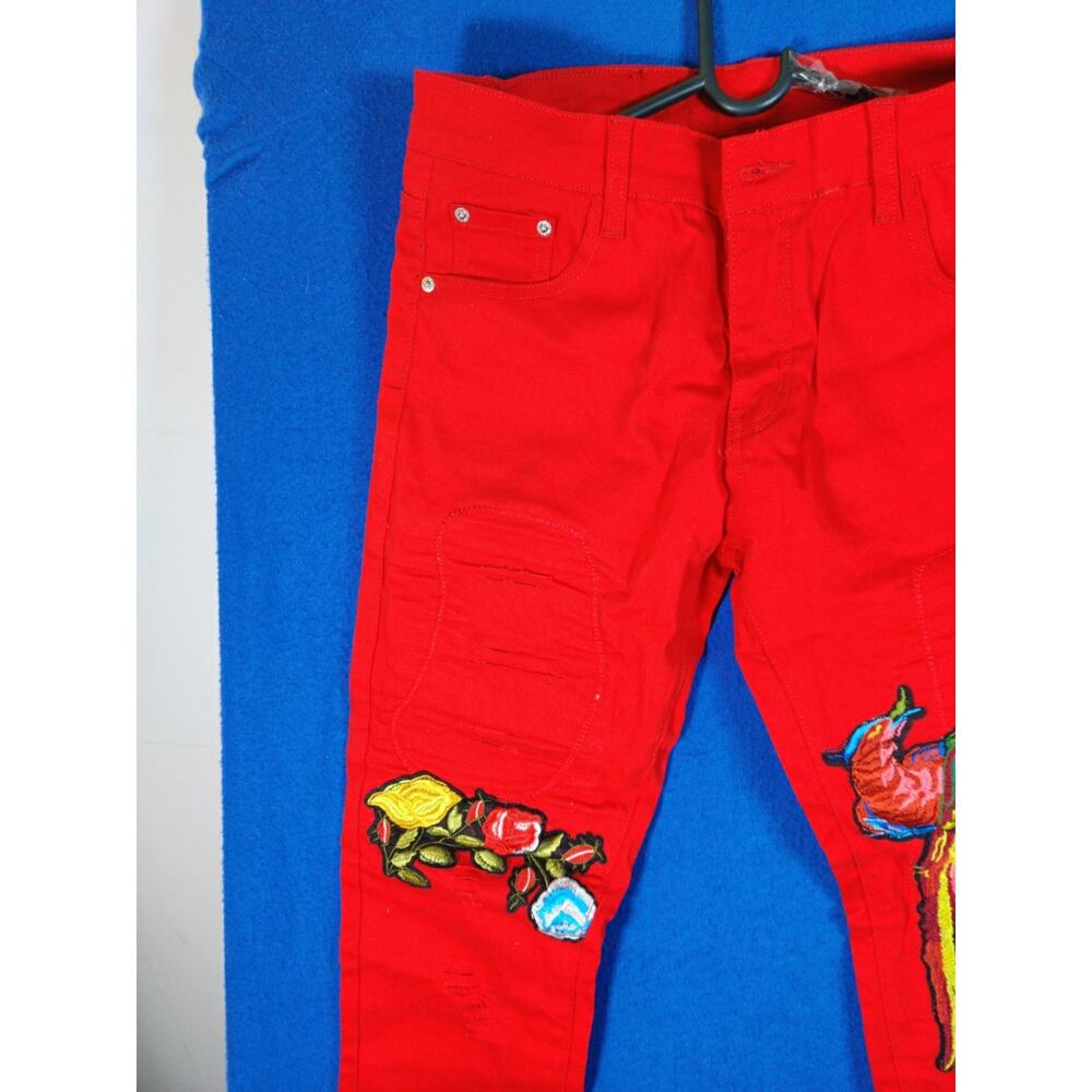 Bie Pa Paris Red Denim Jeans Women's Size 33 Embroidered Phoenix Floral Slim - Picture 13 of 15